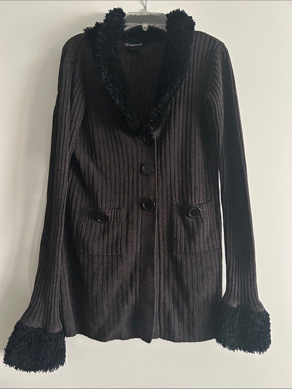 Vintage Y2K 52 Weekends Black Ribbed Knit Cardigan with Faux Trim